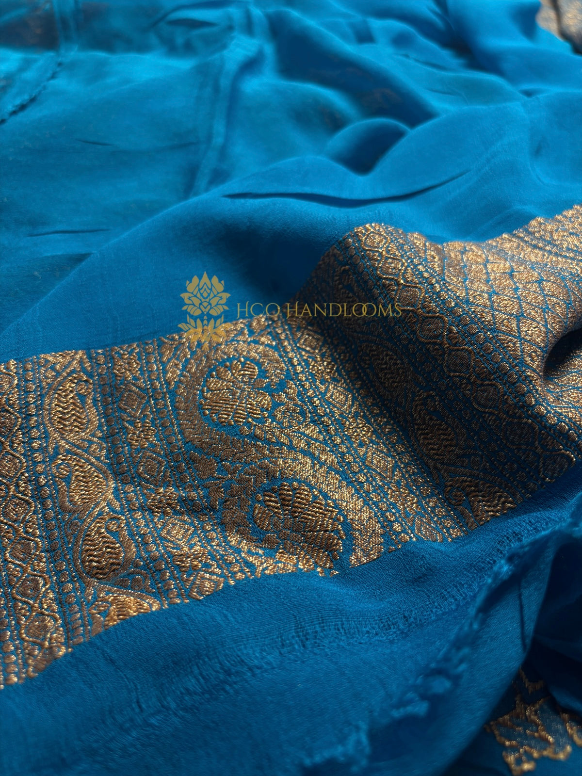 Firozi Pure Khaddi Georgette Handloom Banarasi Saree - Antique Zari