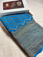 Firozi Pure Khaddi Georgette Handloom Banarasi Saree - Antique Zari