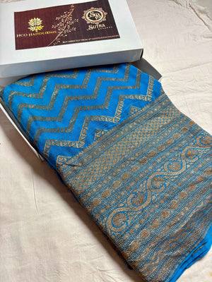 Firozi Pure Khaddi Georgette Handloom Banarasi Saree - Antique Zari
