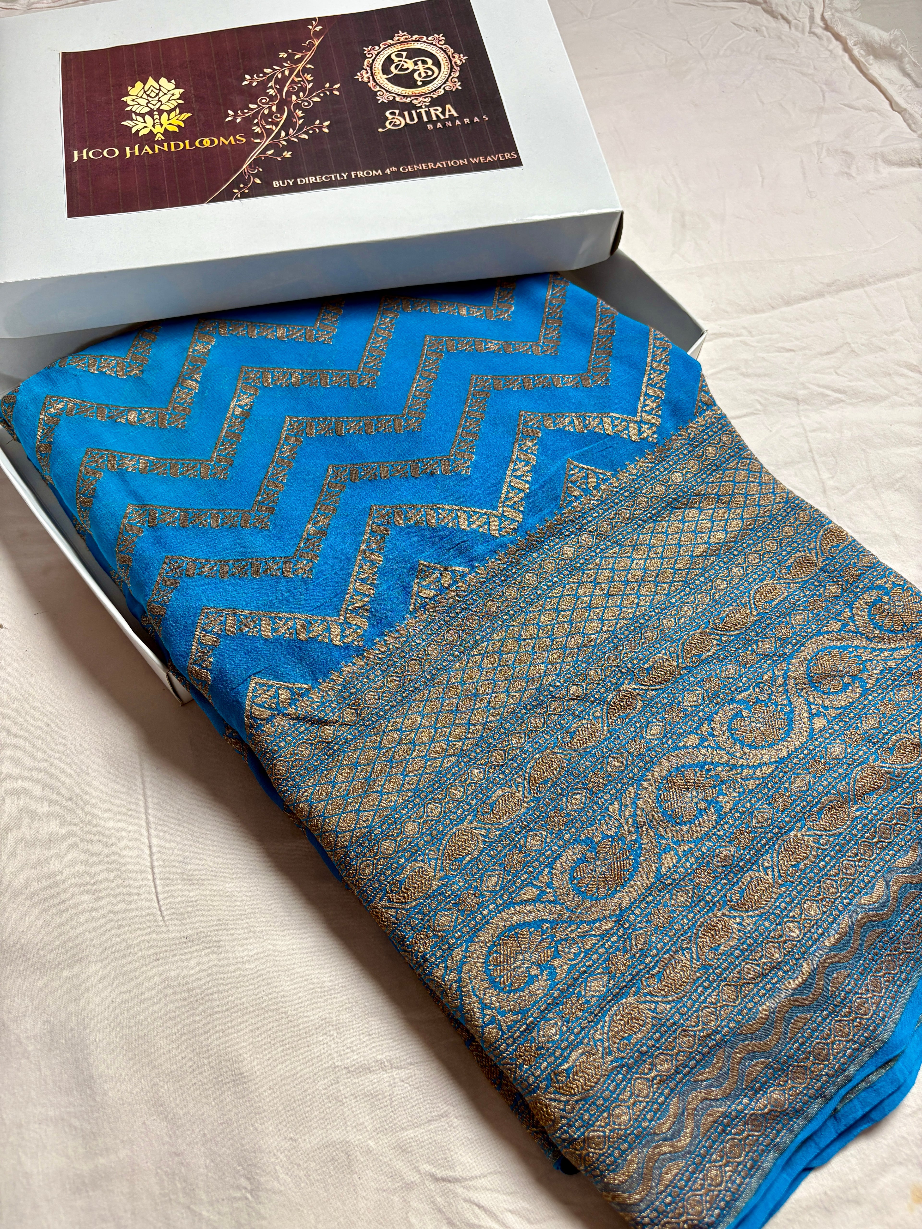 Firozi Pure Khaddi Georgette Handloom Banarasi Saree - Antique Zari