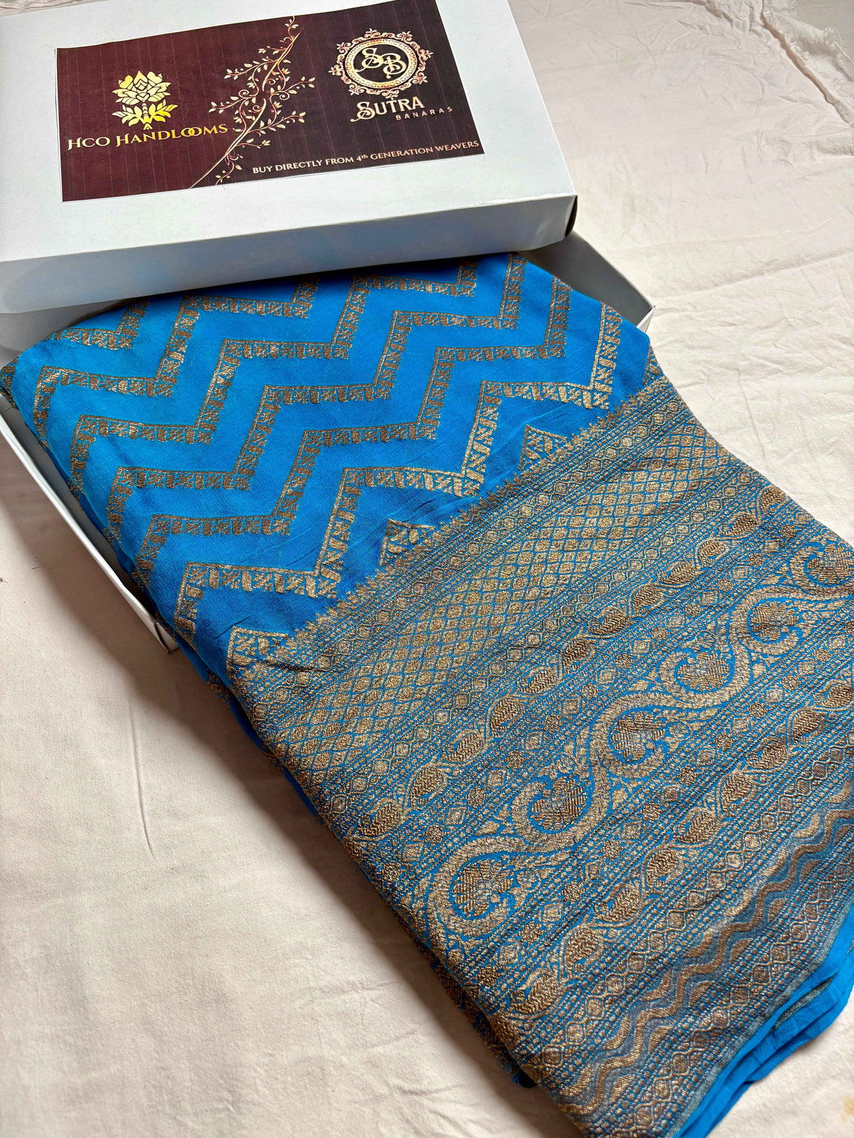 Firozi Pure Khaddi Georgette Handloom Banarasi Saree - Antique Zari