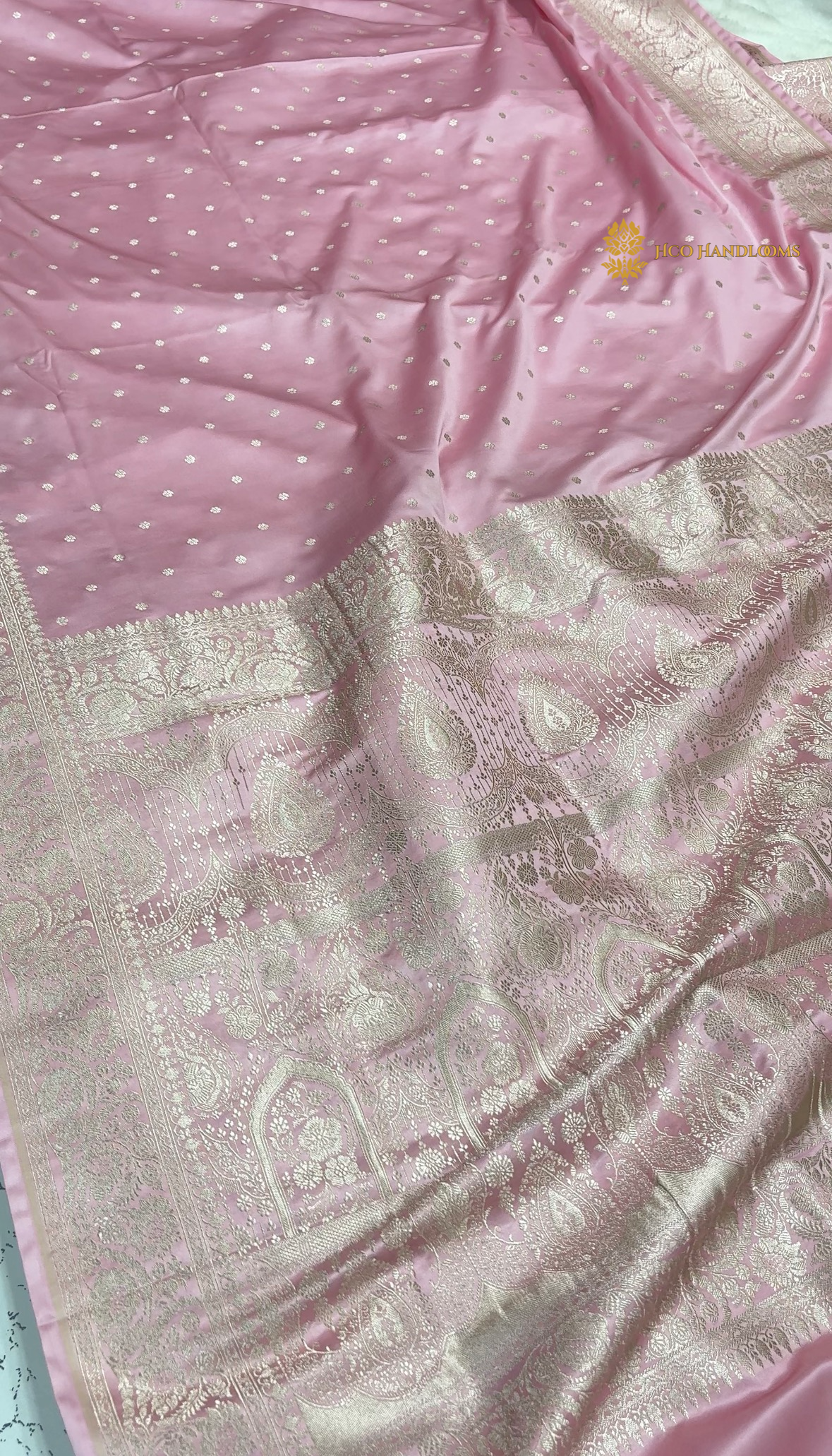 Baby Pink Premium Mashru Katan Silk Banarasi saree - Small Motifs