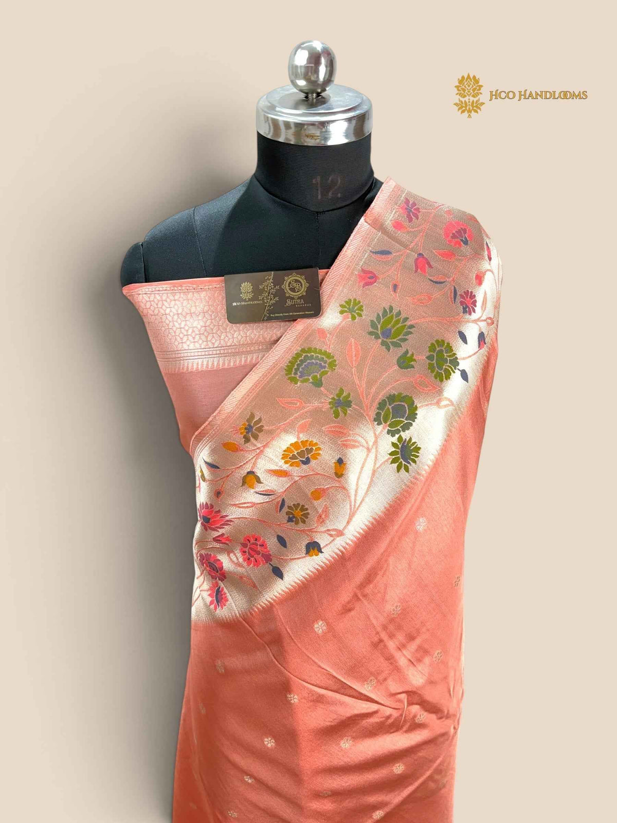 Peach Matka Tussar Silk Banarasi Saree - All Over Motifs & Paithani