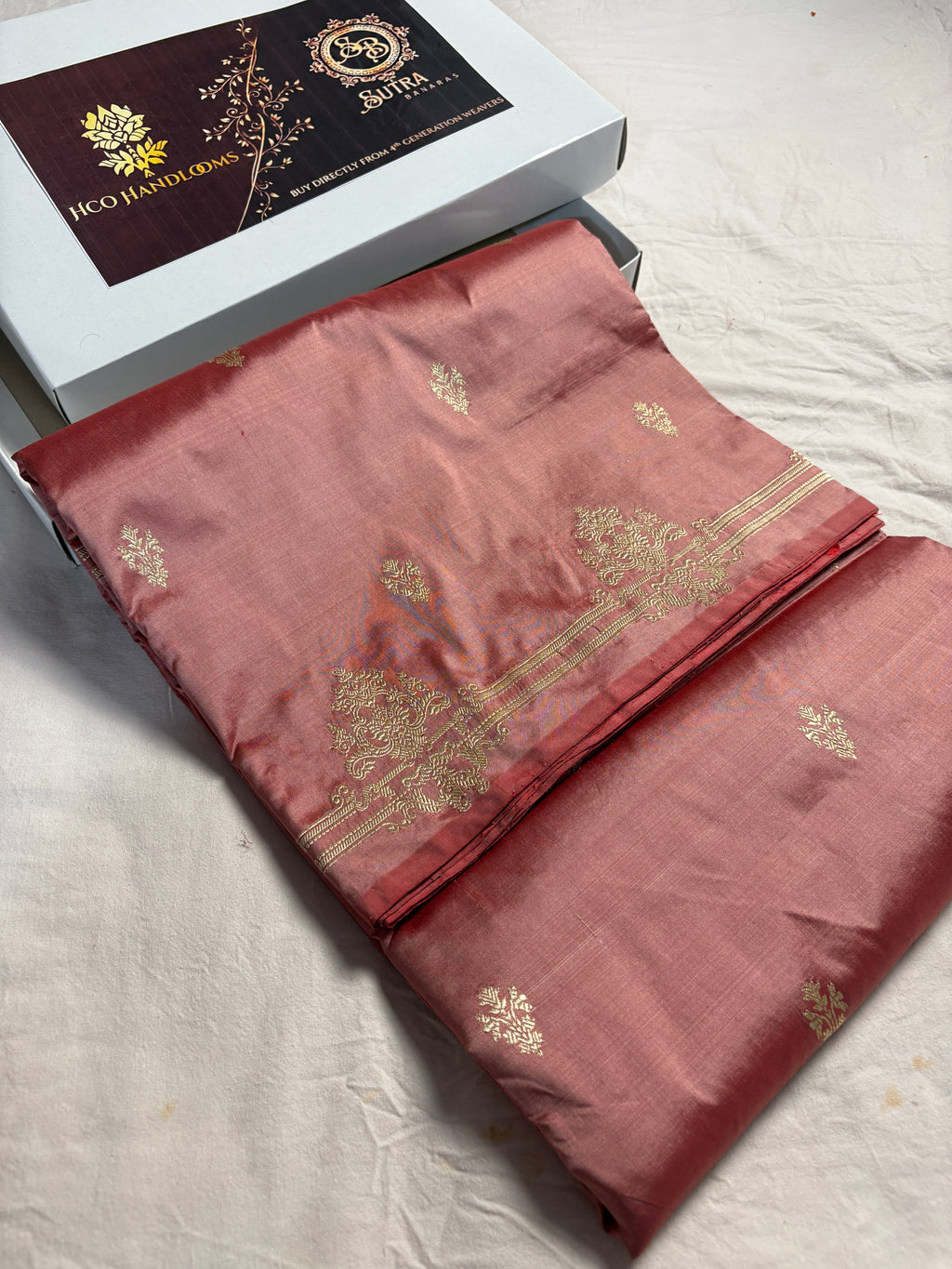 Copper Pure Katan Silk Handloom Banarasi Saree - All Over Kadhua Motifs