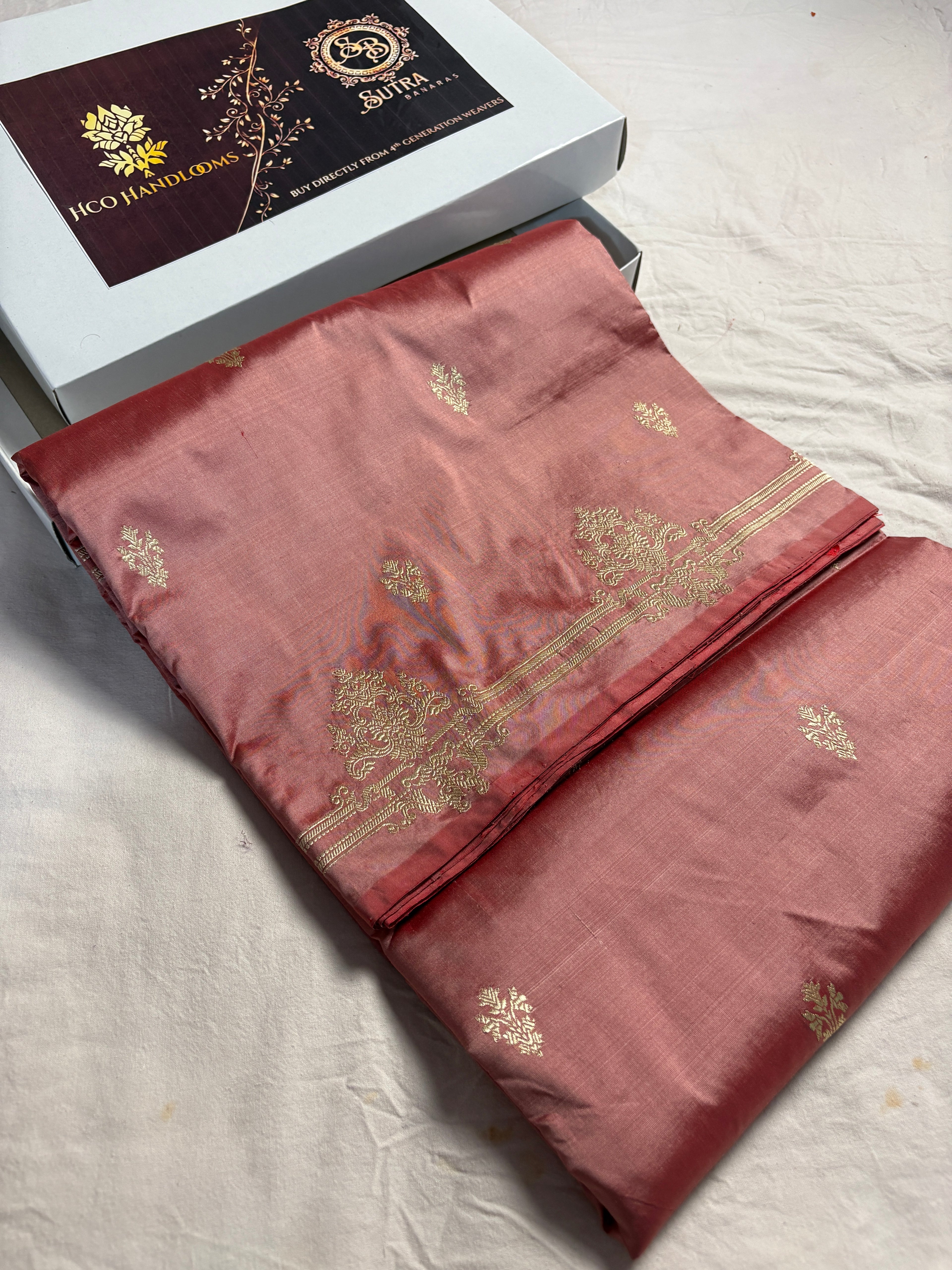 Copper Pure Katan Silk Handloom Banarasi Saree - All Over Kadhua Motifs
