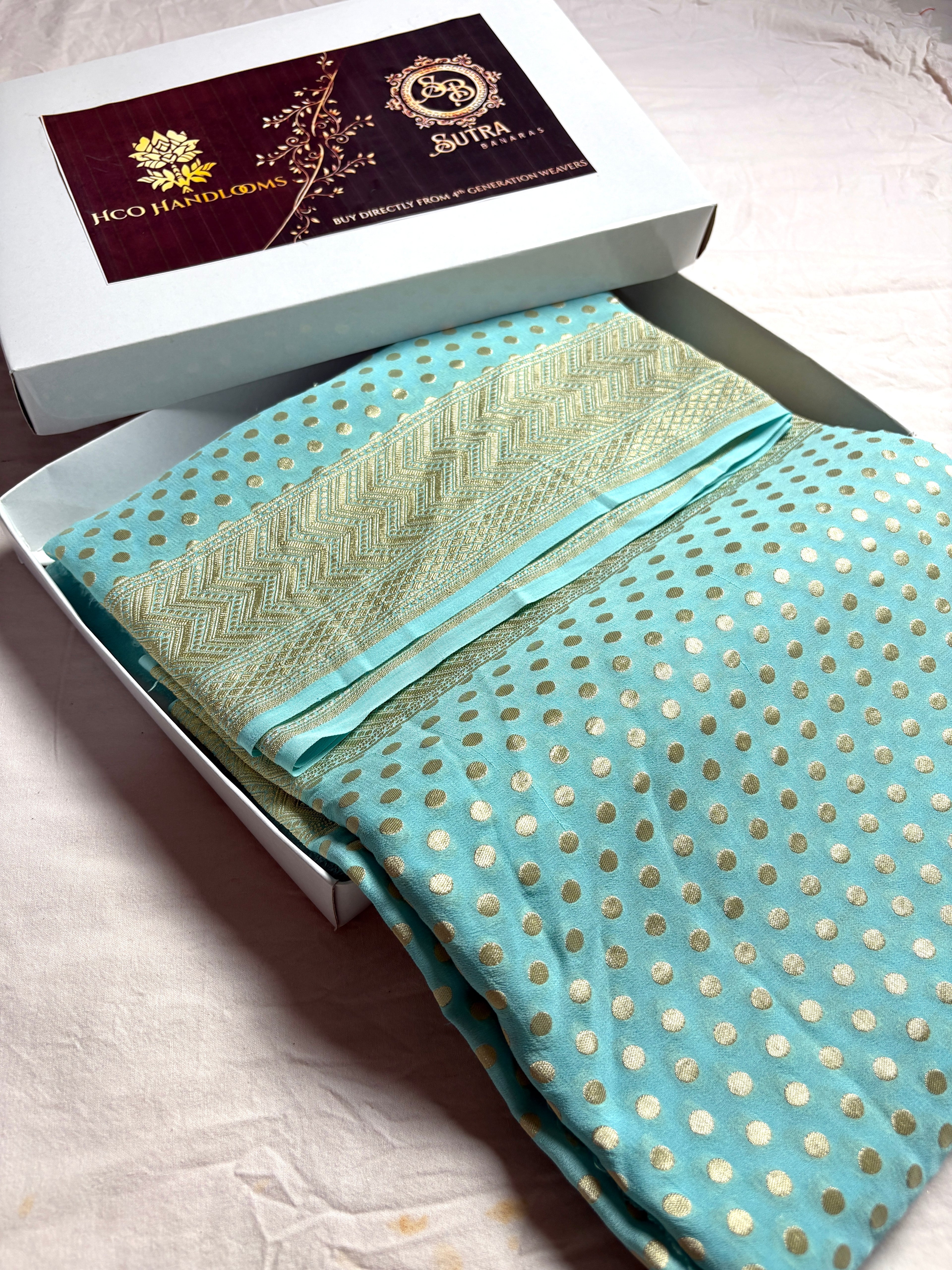 Sky Blue Pure Khaddi Georgette Silk Handloom Banarasi Saree - Gold Zari