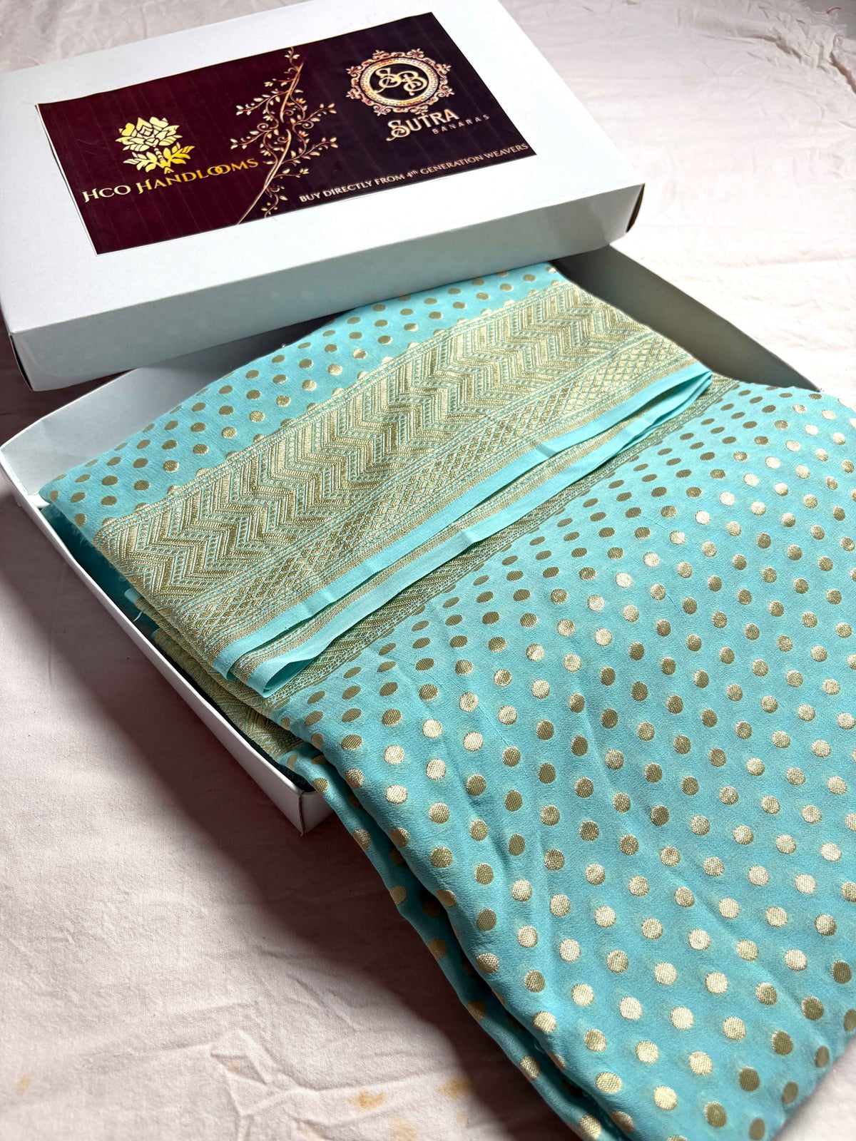 Sky Blue Pure Khaddi Georgette Silk Handloom Banarasi Saree - Gold Zari