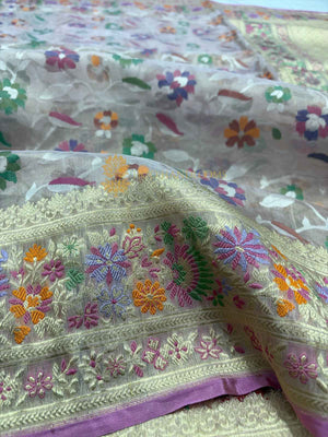 Pure Kora Tissue Jamdani Handloom Banarasi Saree