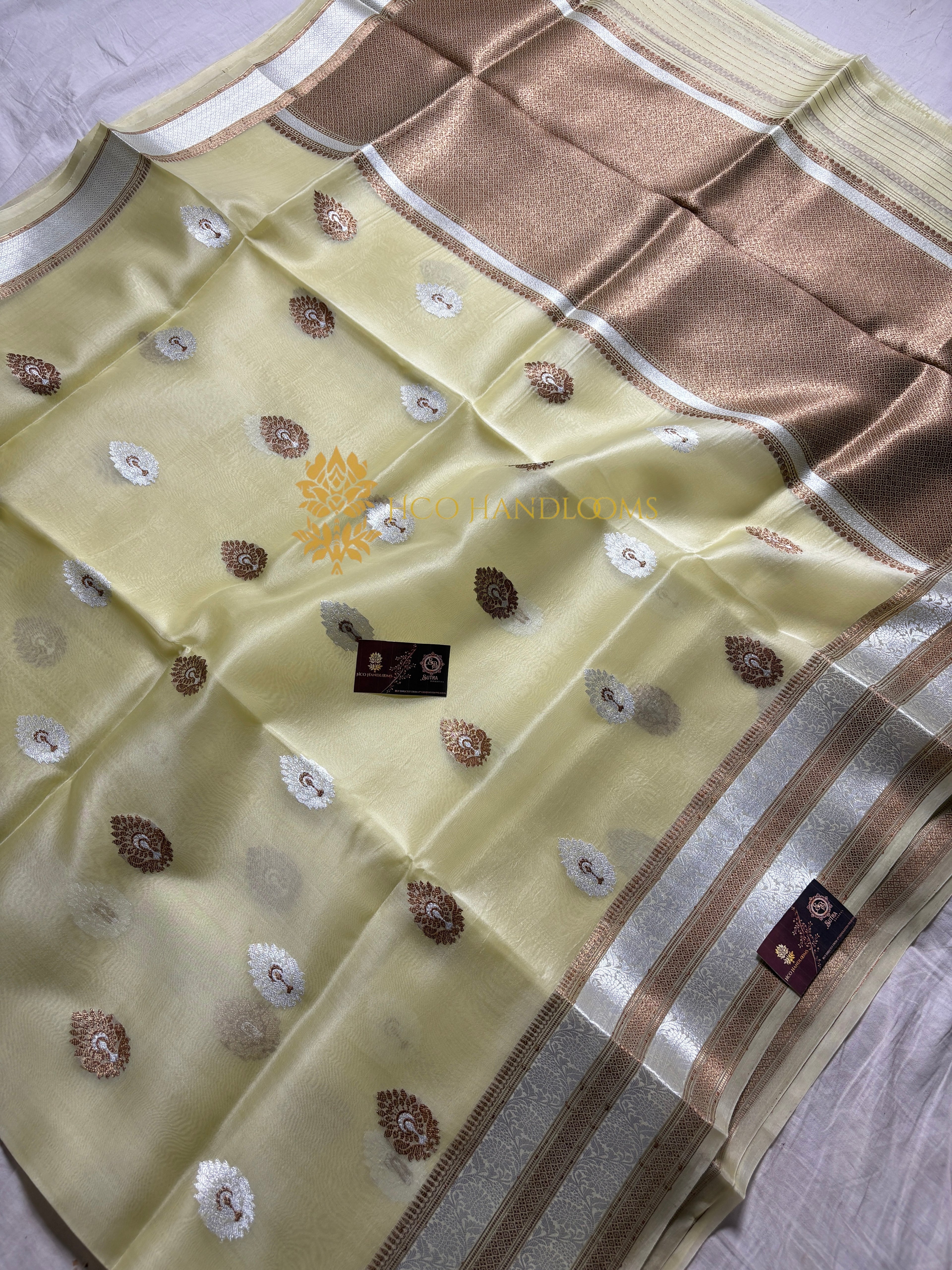 Light Pista Pure Kora Silk Handloom Banarasi Saree - All Over Kadhua Motifs