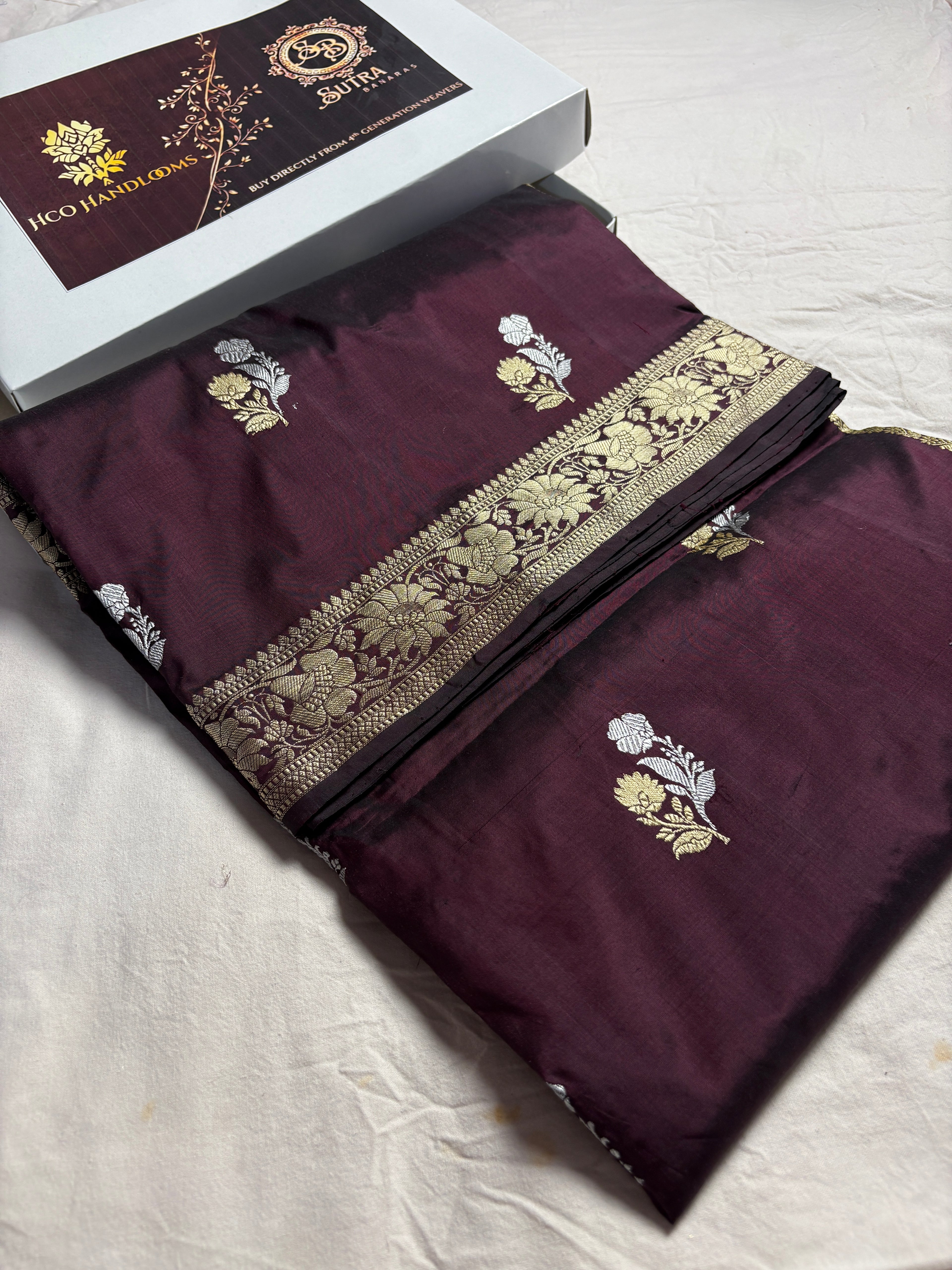 Wine Pure Katan Silk Handloom Banarasi Saree - All Over Kadhua Motifs