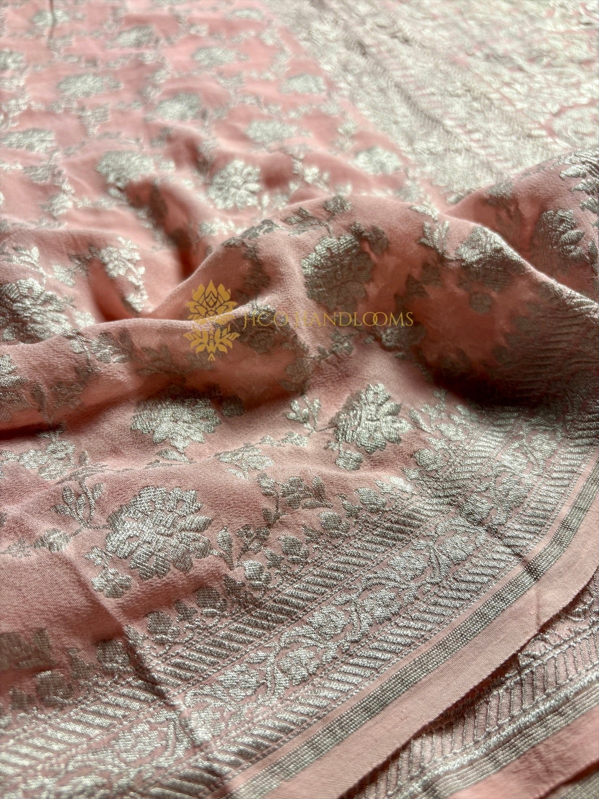 Peach Pure Khaddi Georgette Silk Handloom Banarasi Saree - Silver Zari