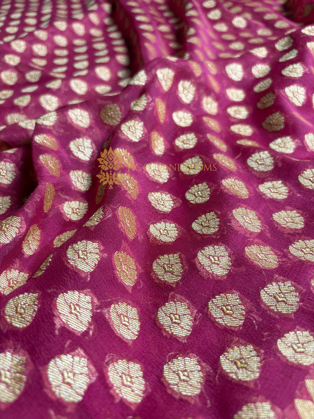 Carrot Pink Pure Khaddi Georgette Silk Handloom Banarasi Saree - Gold Zari