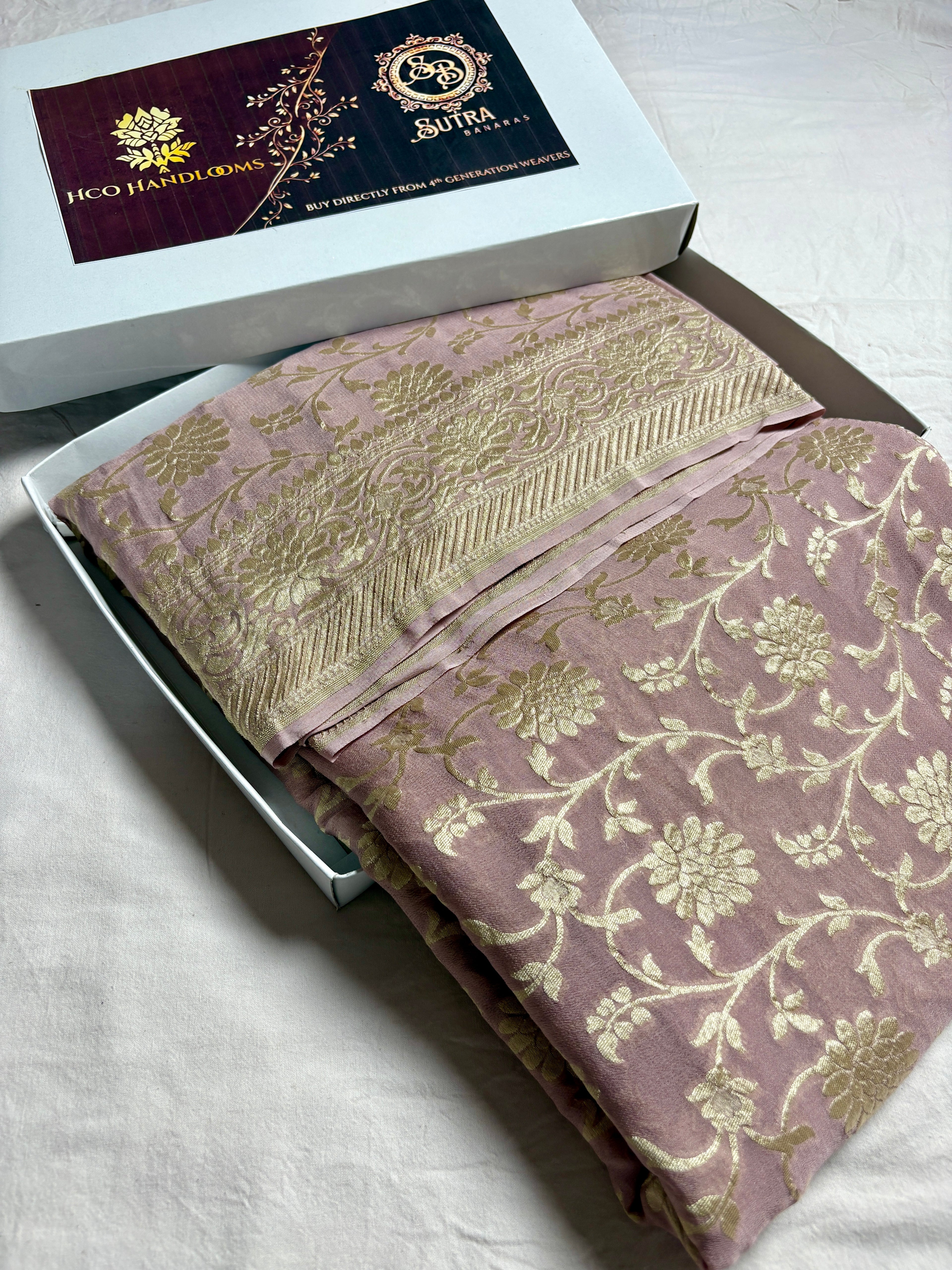 Copper Pure Khaddi Georgette Silk Handloom Banarasi Saree - Water Zari