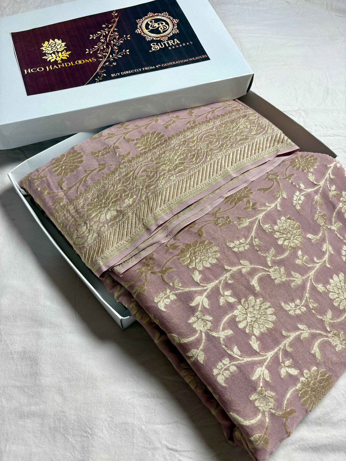 Copper Pure Khaddi Georgette Silk Handloom Banarasi Saree - Water Zari