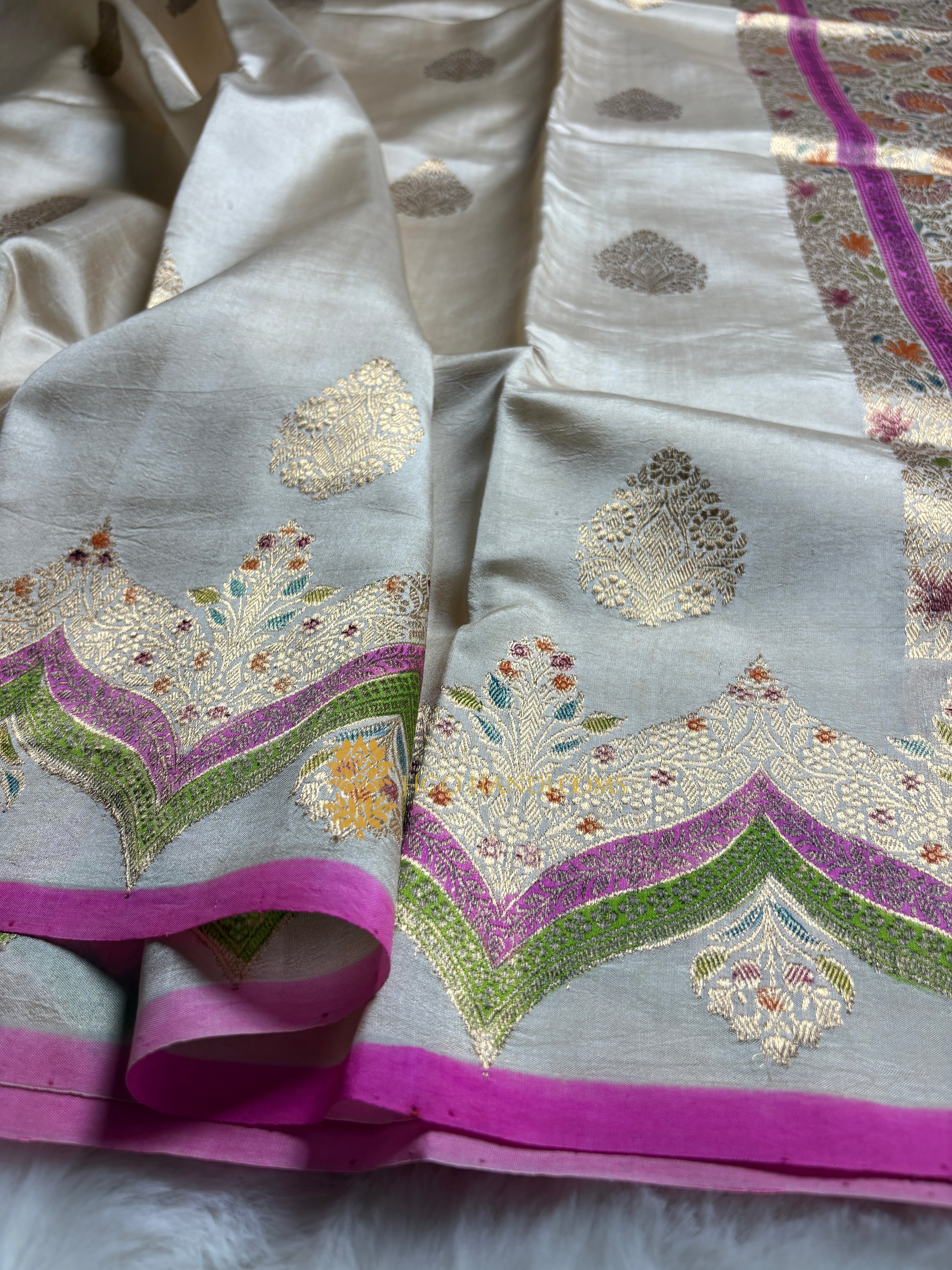Pure Raw Mango Silk Handloom Banarasi Saree - All Over Meenakari Kadhua Motifs