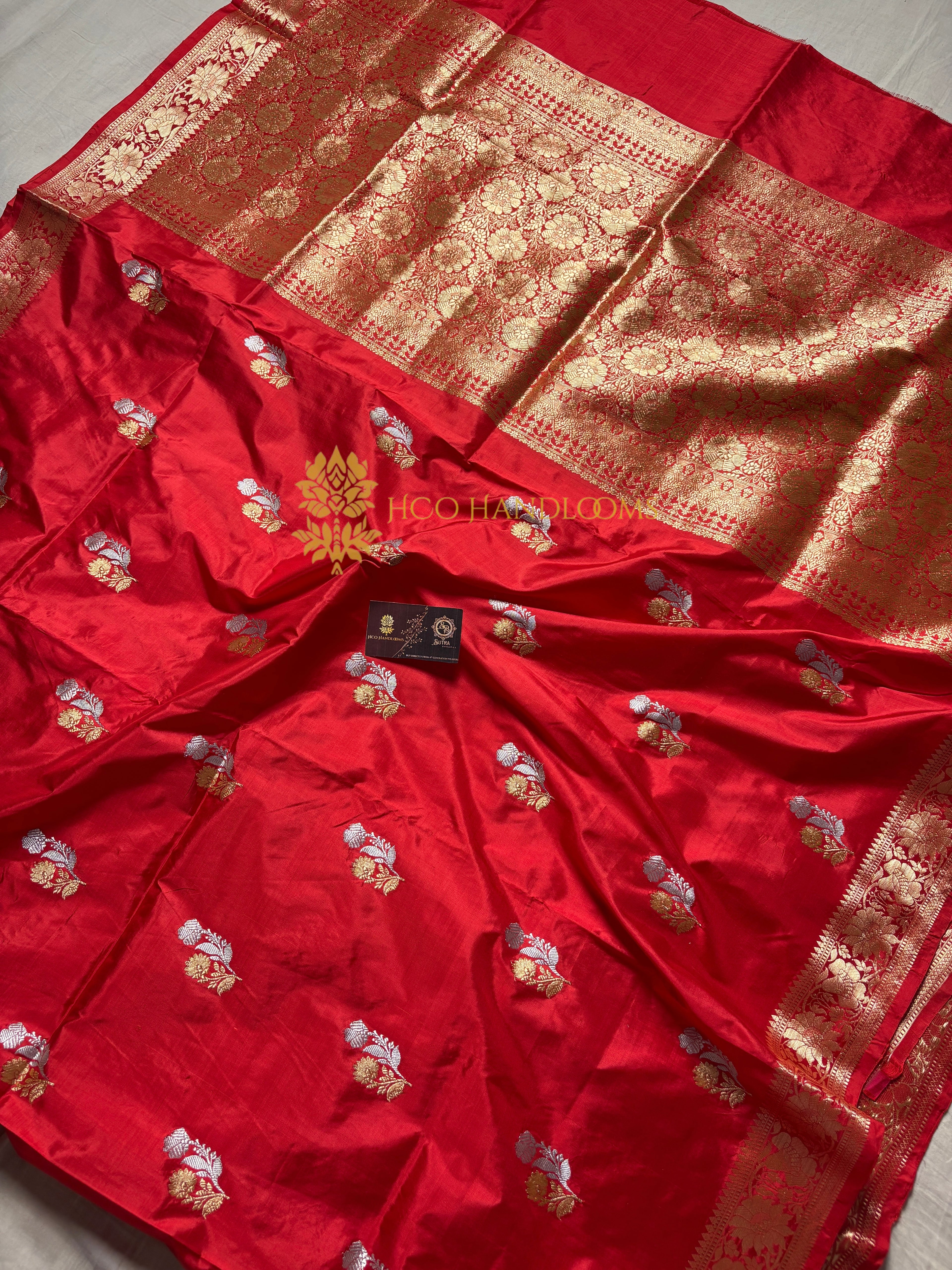 Red Pure Katan Silk Handloom Banarasi Saree - All Over Kadhua Motifs