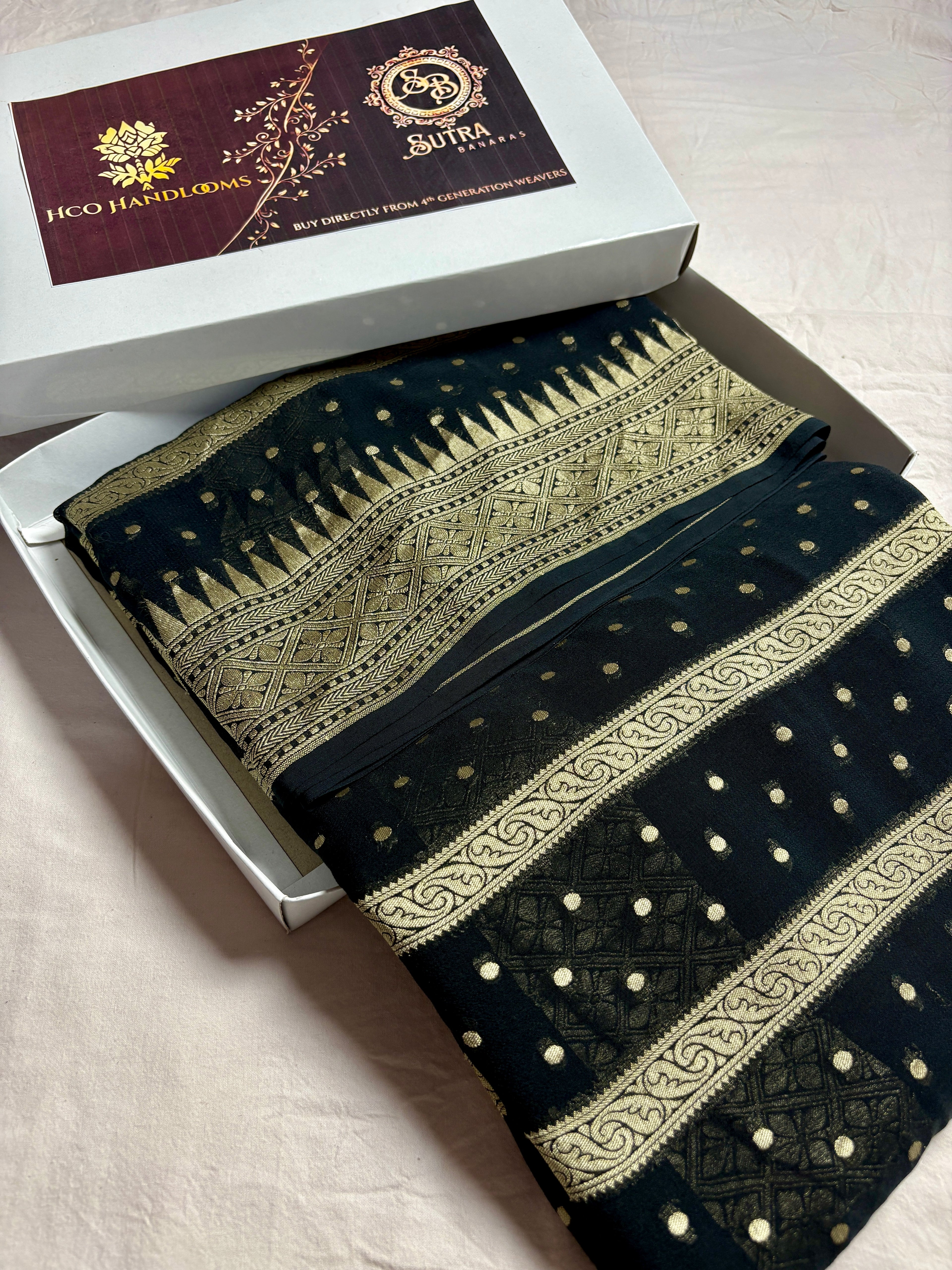Jet black Pure Khaddi Georgette Silk Handloom Banarasi Saree - Water Zari