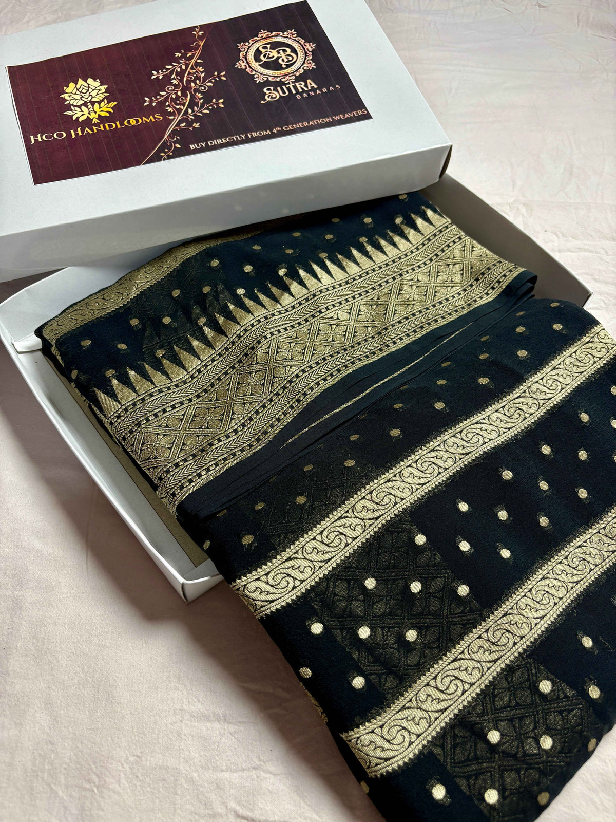 Jet black Pure Khaddi Georgette Silk Handloom Banarasi Saree - Water Zari