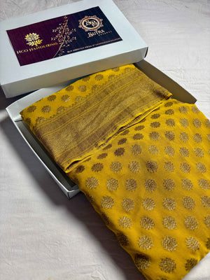 Yellow Pure Khaddi Georgette Silk Handloom Banarasi Saree - Antique Zari