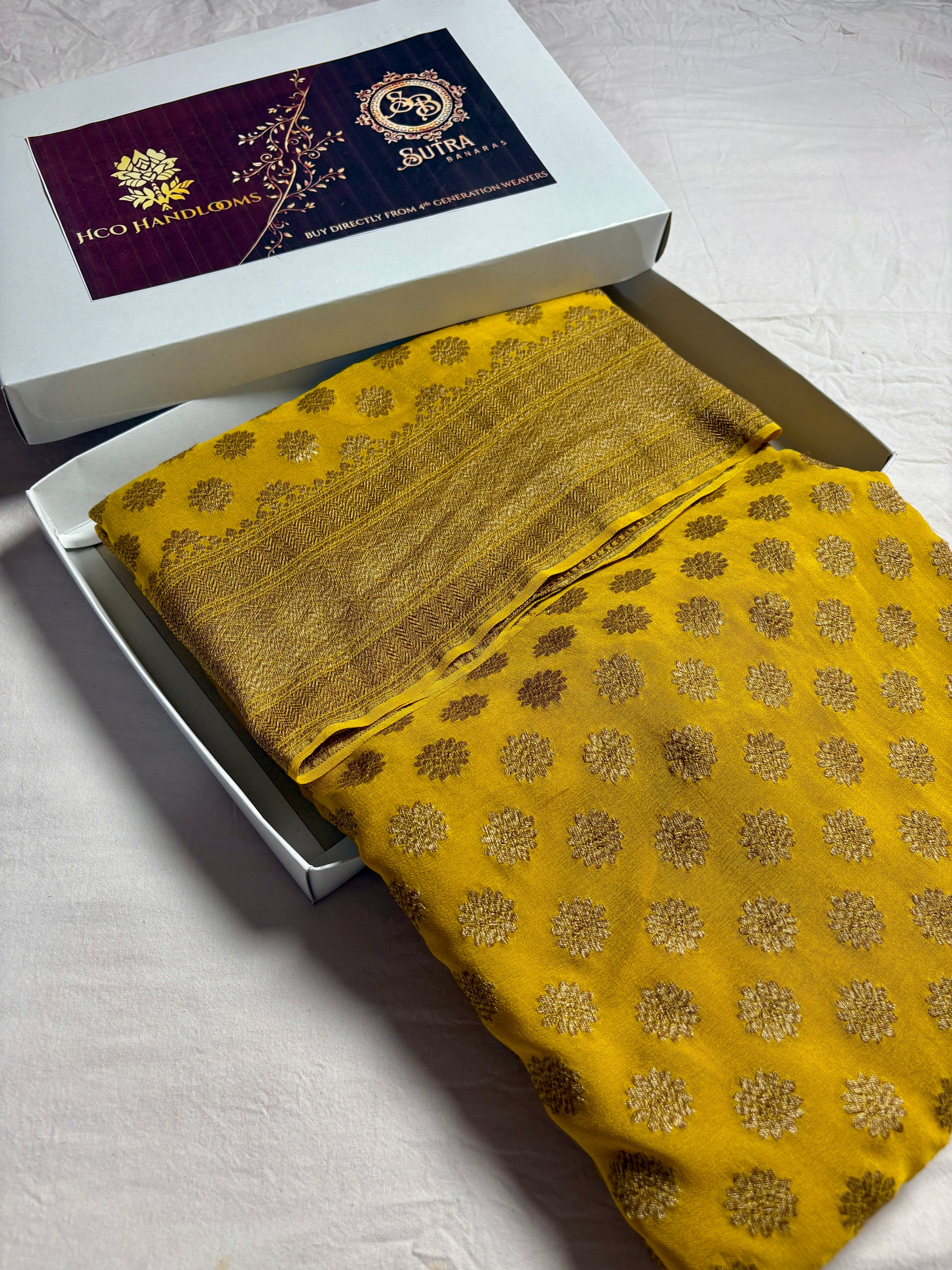 Yellow Pure Khaddi Georgette Silk Handloom Banarasi Saree - Antique Zari