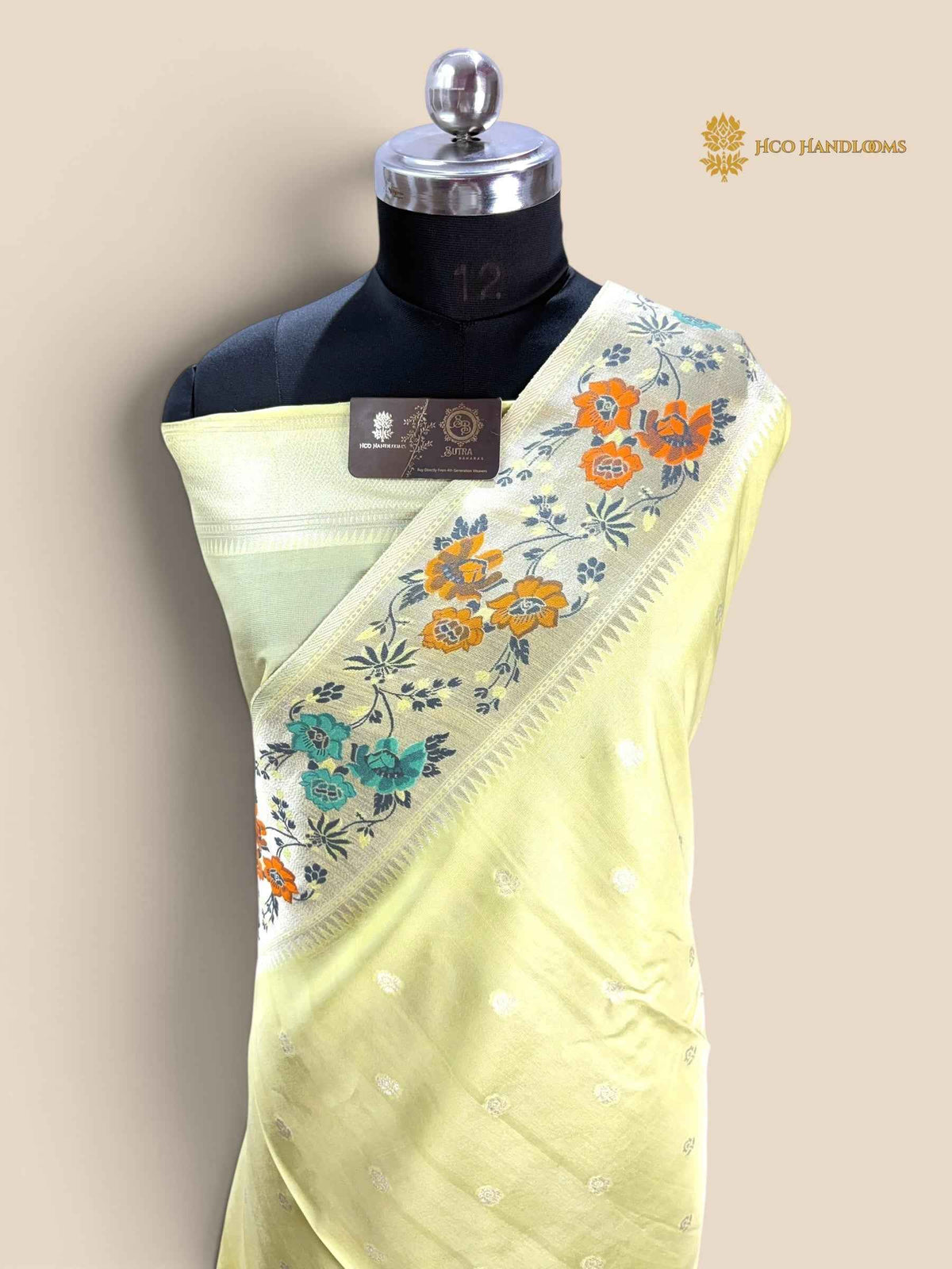 Pastel Yellow Matka Tussar Silk Banarasi Saree - All Over Motifs & Paithani