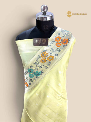 Pastel Yellow Matka Tussar Silk Banarasi Saree - All Over Motifs & Paithani