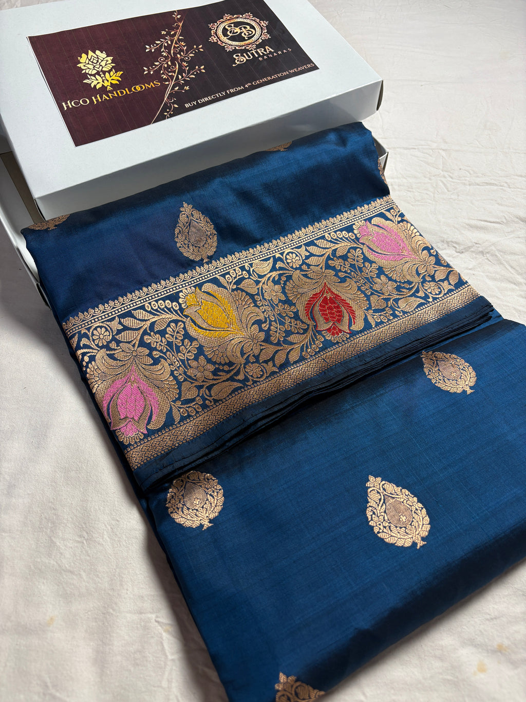 German Blue Pure Mango Katan Silk Handloom Meenakari Banarasi Saree - All Over Kadhua Motifs
