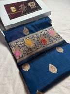 German Blue Pure Mango Katan Silk Handloom Meenakari Banarasi Saree - All Over Kadhua Motifs