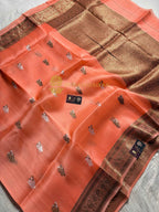 Peach Pure Kora Silk Handloom Banarasi Saree - All Over Kadhua Motifs