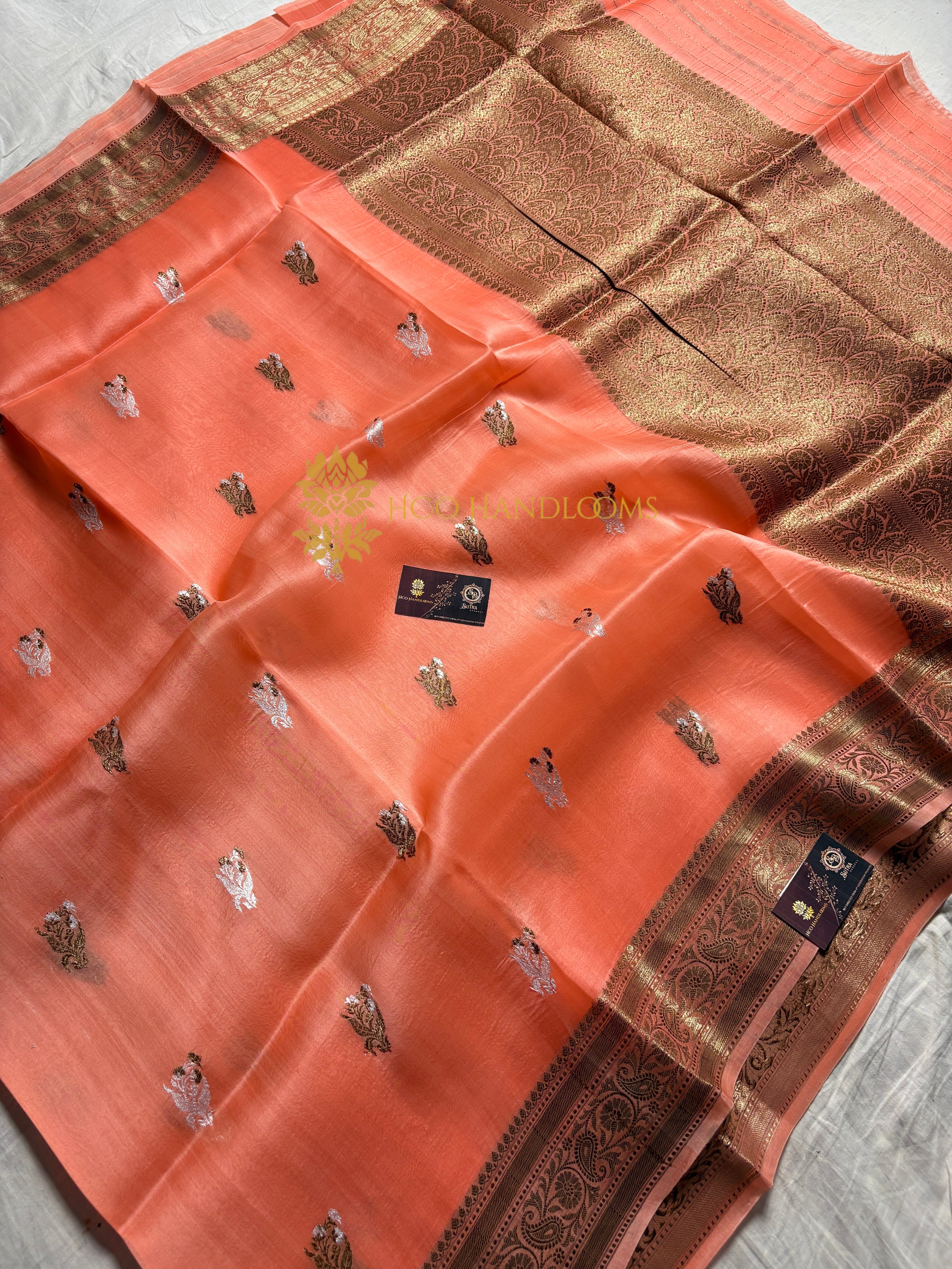 Peach Pure Kora Silk Handloom Banarasi Saree - All Over Kadhua Motifs