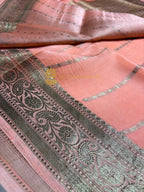 Peach Pure Kora Silk Handloom Banarasi Saree - All Over Kadhua Motifs