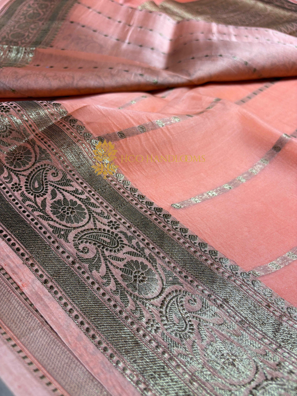 Peach Pure Kora Silk Handloom Banarasi Saree - All Over Kadhua Motifs
