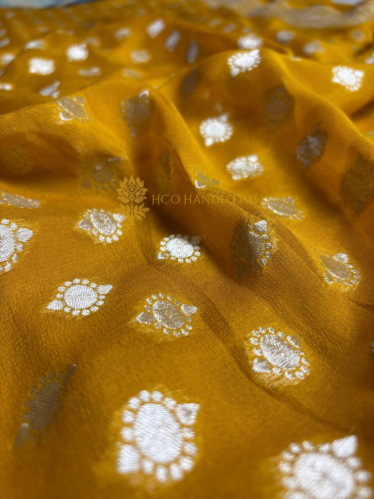 Gold Pure Khaddi Georgette Silk Handloom Banarasi Saree - Silver Zari