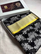 Black Pure Khaddi Georgette Silk Handloom Banarasi Saree - Silver Zari