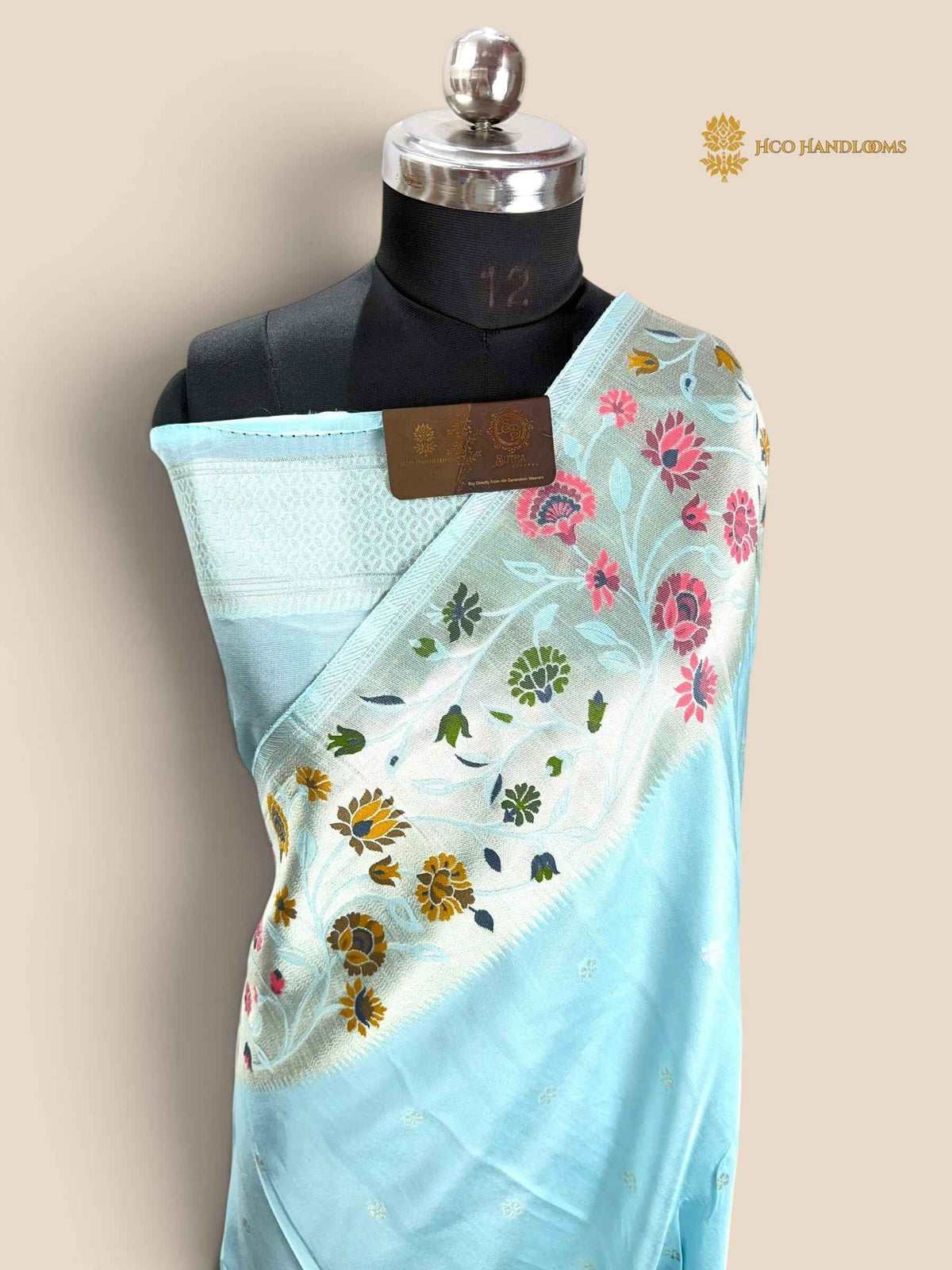 Light Blue Matka Tussar Silk Banarasi Saree - All Over Motifs & Paithani