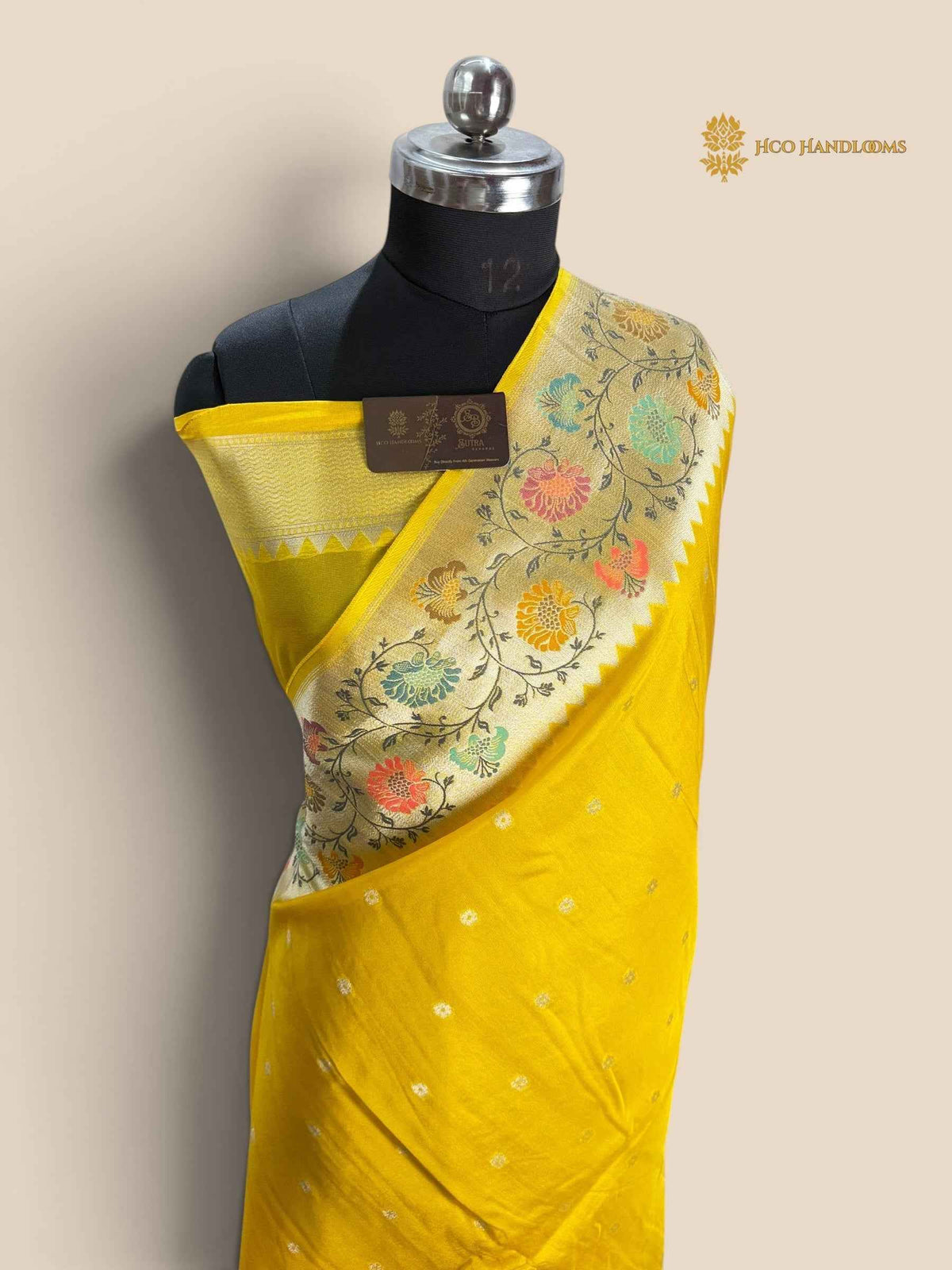 Yellow Matka Tussar Silk Banarasi Saree - All Over Motifs & Paithani
