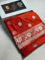 Orangey Red Premium Mashru Katan Silk Boota Banarasi Saree