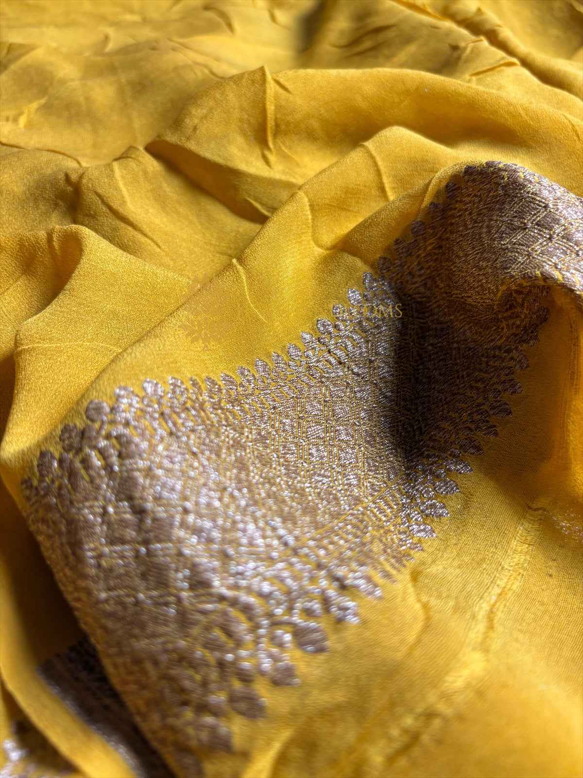 Yellow Pure Khaddi Georgette Silk Handloom Banarasi Saree - Antique Zari