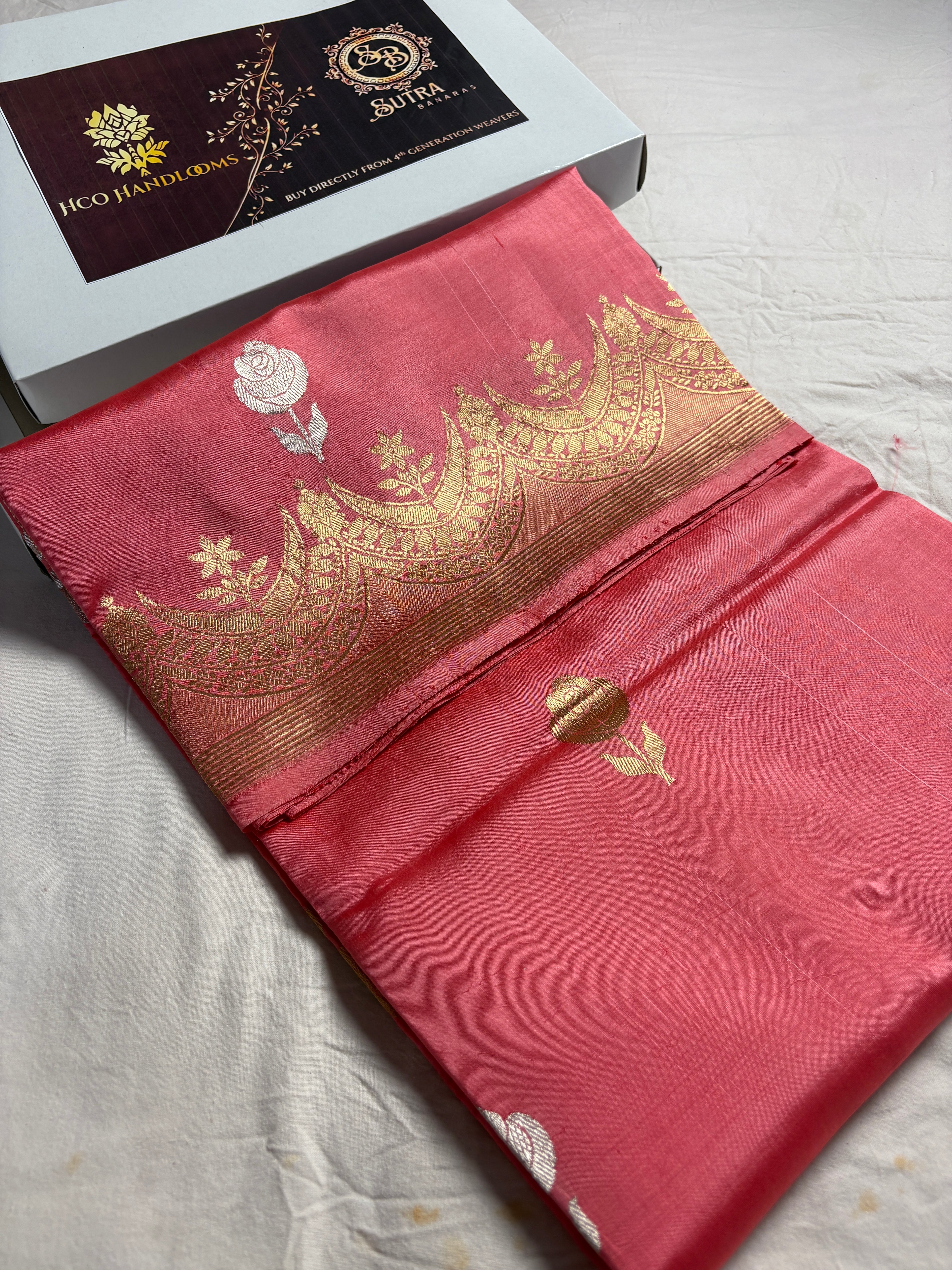 Onion Pink Pure Raw Mango Silk Handloom Banarasi Saree - All Over Kadhua Motifs