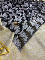 Black Pure Khaddi Georgette Silk Handloom Banarasi Saree - Silver Zari
