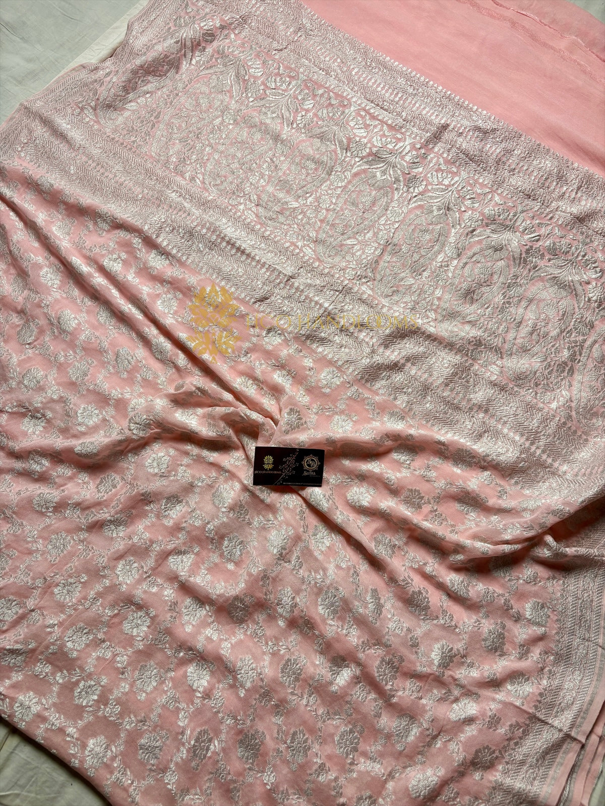 Peach Pure Khaddi Georgette Silk Handloom Banarasi Saree - Silver Zari