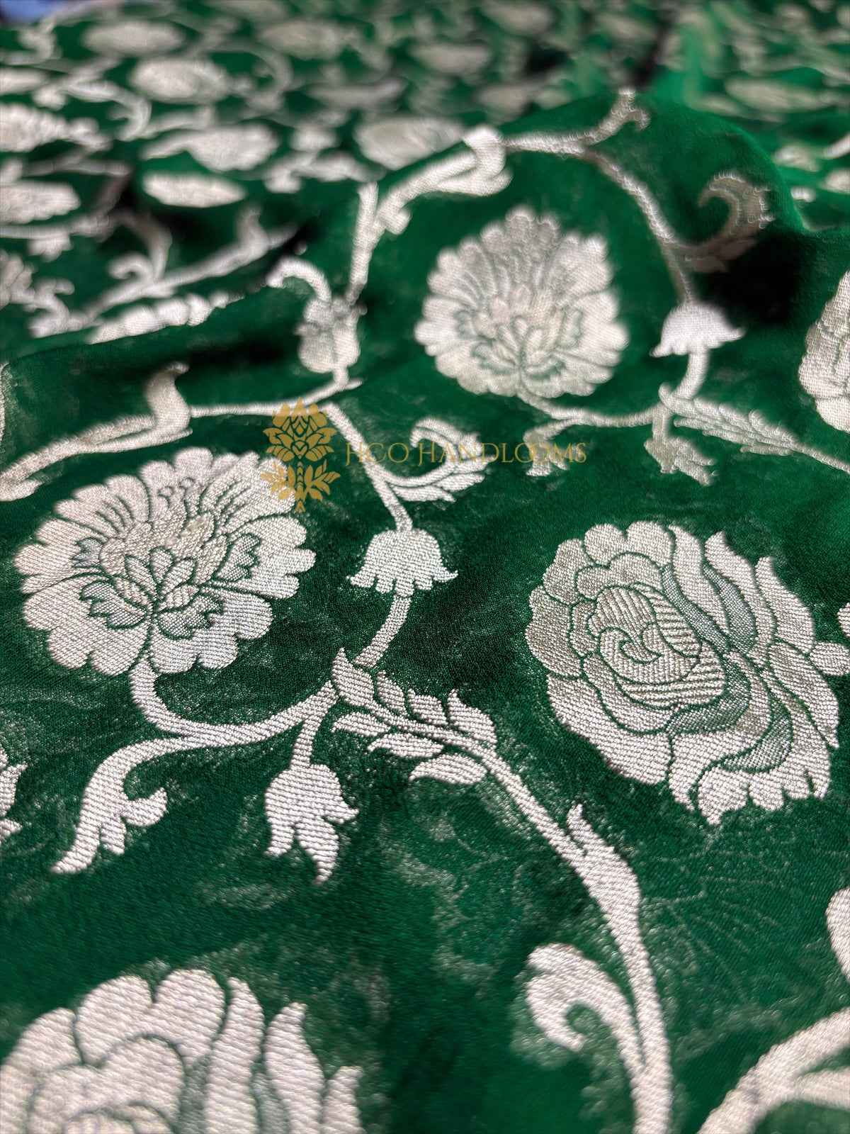 Green Pure Khaddi Georgette Silk Handloom Banarasi Saree - Water Zari