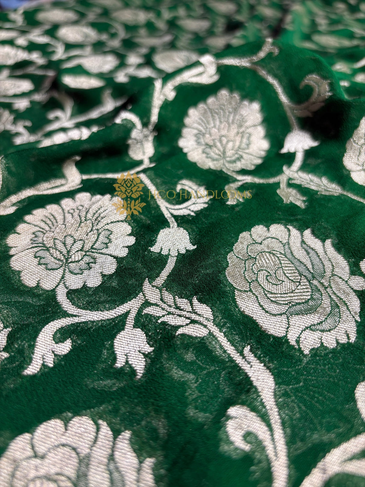 Green Pure Khaddi Georgette Silk Handloom Banarasi Saree - Water Zari