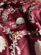 Wine Premium Mashru Katan Silk Floral Jangla Banarasi Saree