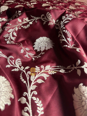 Wine Premium Mashru Katan Silk Floral Jangla Banarasi Saree