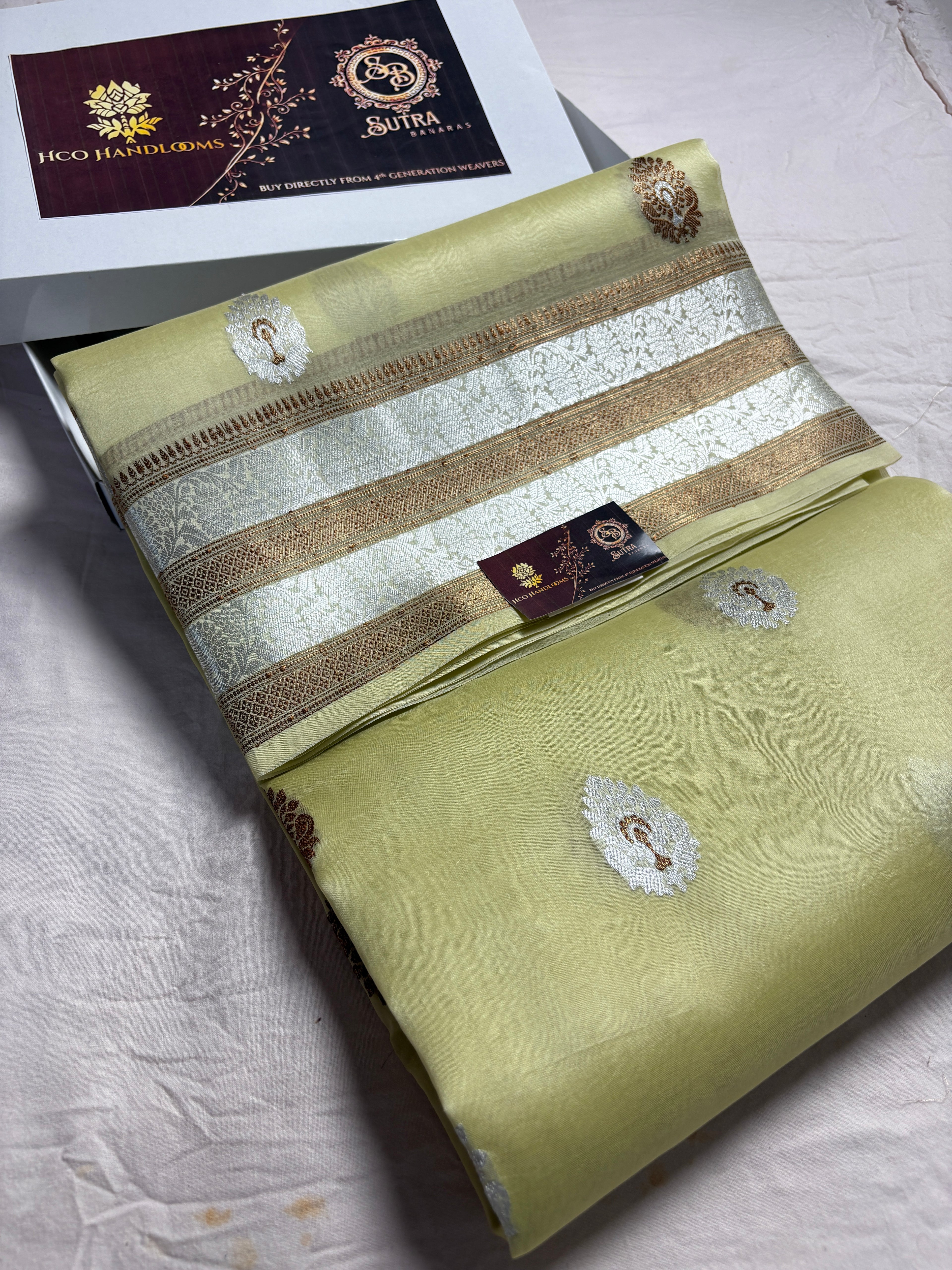 Light Pista Pure Kora Silk Handloom Banarasi Saree - All Over Kadhua Motifs