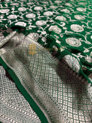 Green Pure Khaddi Georgette Silk Handloom Banarasi Saree - Water Zari