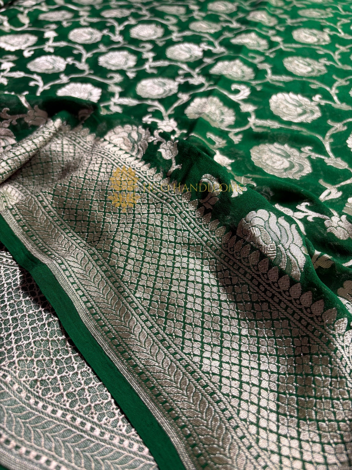 Green Pure Khaddi Georgette Silk Handloom Banarasi Saree - Water Zari