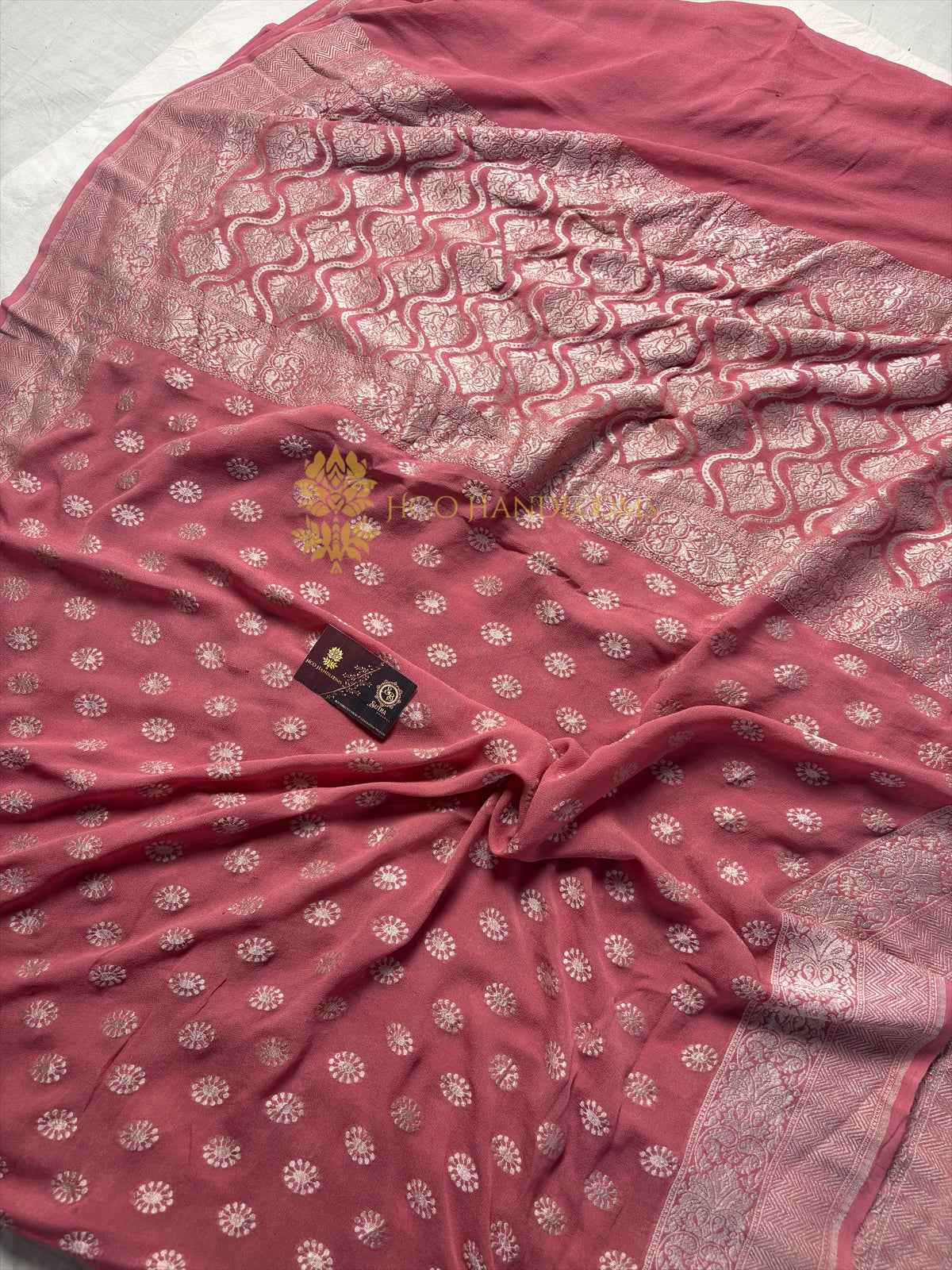 Onion Pink Pure Khaddi Georgette Silk Handloom Banarasi Saree - Water Zari