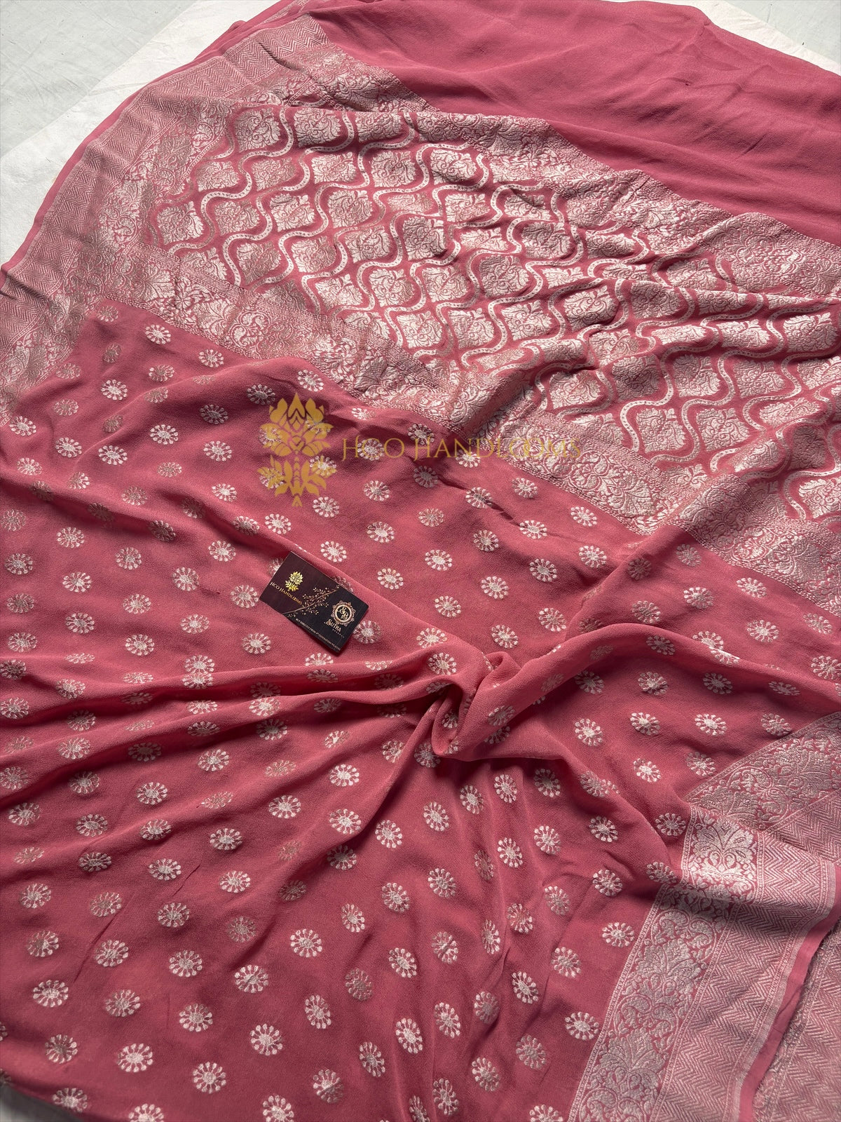 Onion Pink Pure Khaddi Georgette Silk Handloom Banarasi Saree - Water Zari